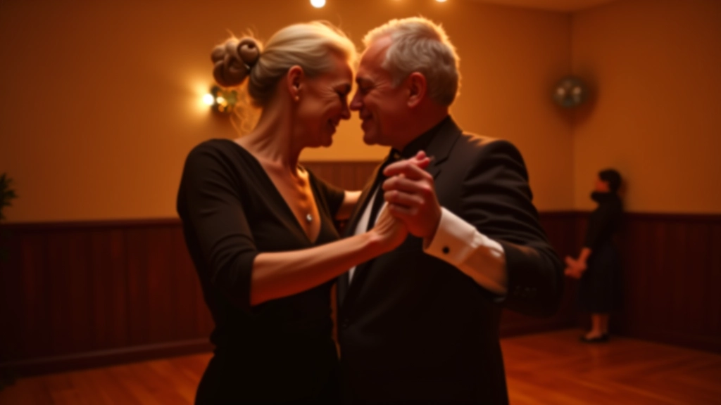 Mature couple dancing salsa together at a social gathering, warm lighting