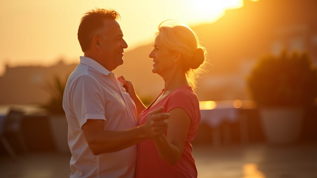 Couple dancing bachata outdoors at a summer terrace event during golden hour