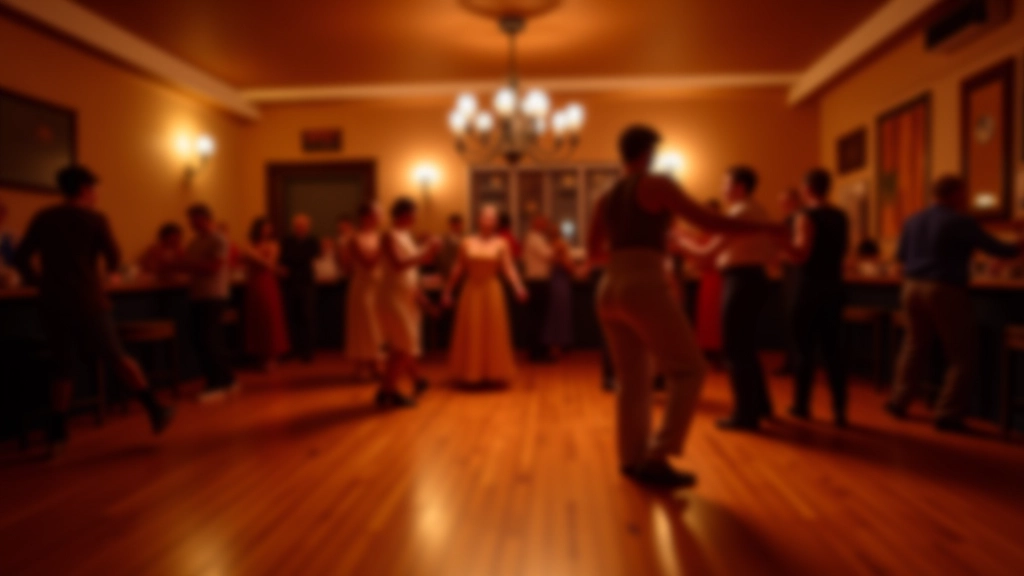 Interior of a bachata dance venue with warm amber lighting and wooden dance floor