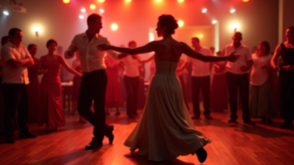 Mature dancers enjoying a salsa social event in Portugal, energetic movement on a dance floor with Latin music ambiance