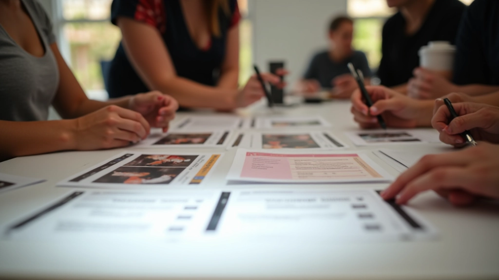 Community organizers reviewing event details at a workspace with Latin dance posters and venue information visible